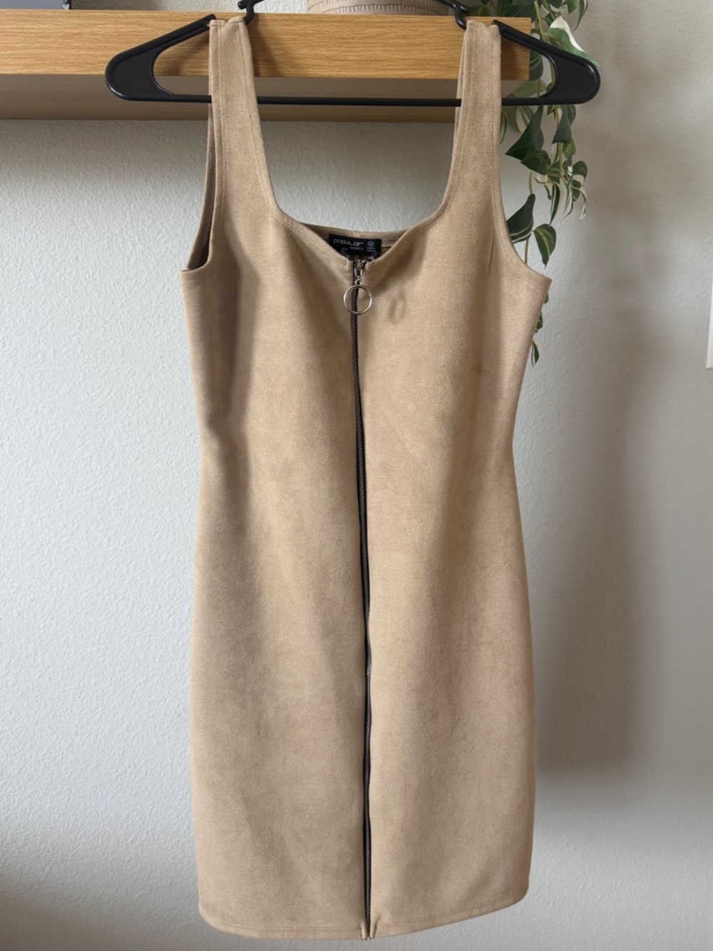 Popular Basics Beige Suede-Effect Zip Mini Dress